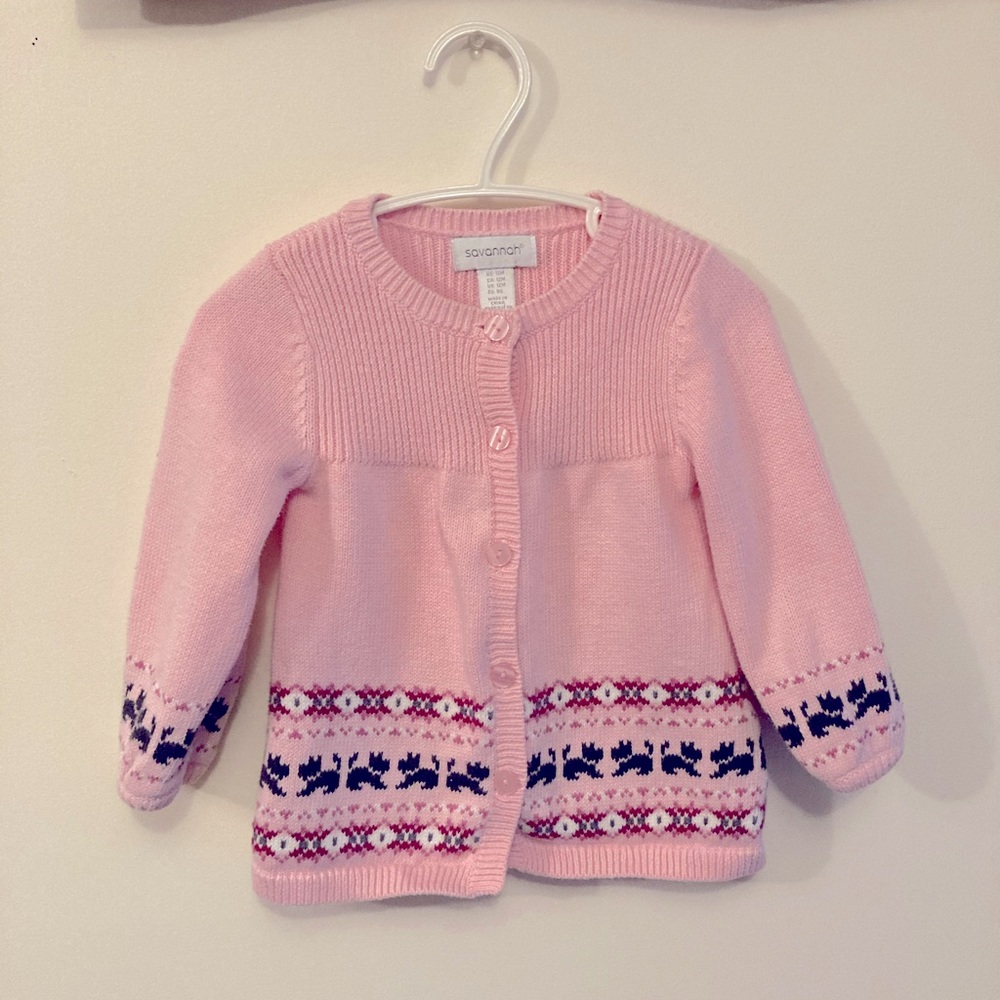 Vintage Savannah Pink Knit Fair Isle Scottie Dog Cardigan Sweater Size 12 Month